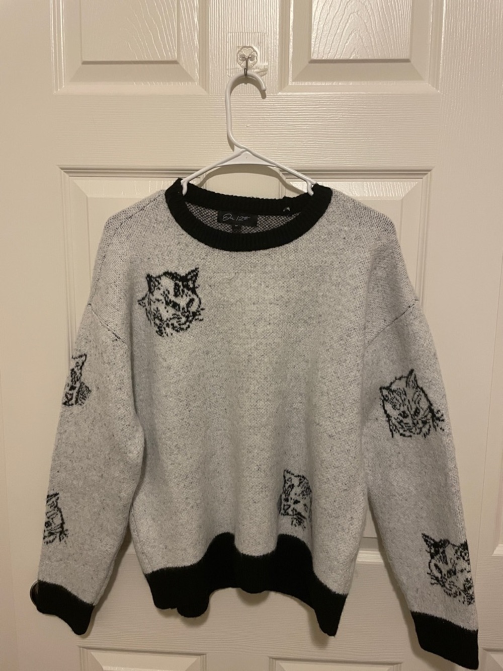 Gray Cat Pattern Sweater with Black Trim
